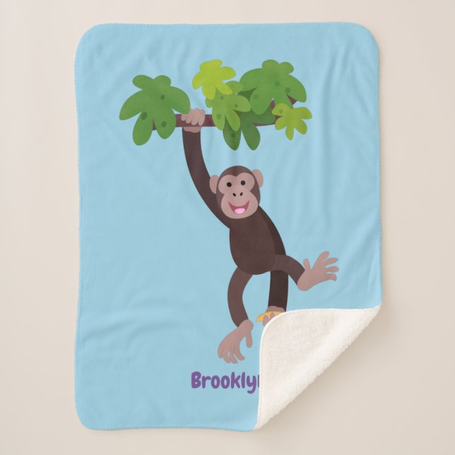 Cute chimpanzee in jungle hanging cartoon sherpa blanket (Front)