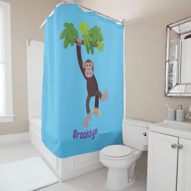 Cute chimpanzee in jungle hanging cartoon shower curtain (In Situ)