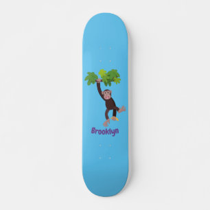 Cute chimpanzee in jungle hanging cartoon skateboard
