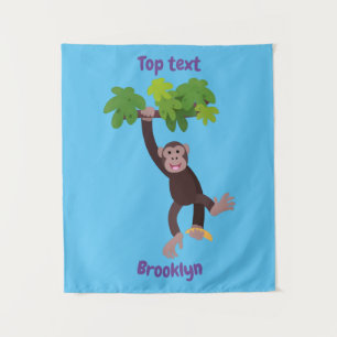 Cute chimpanzee in jungle hanging cartoon tapestry