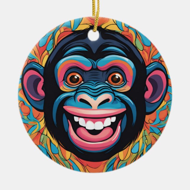 Cute Chimpanzee Laughs Ceramic Ornament (Front)