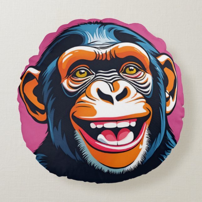 Cute Chimpanzee Laughs Round Cushion (Front)