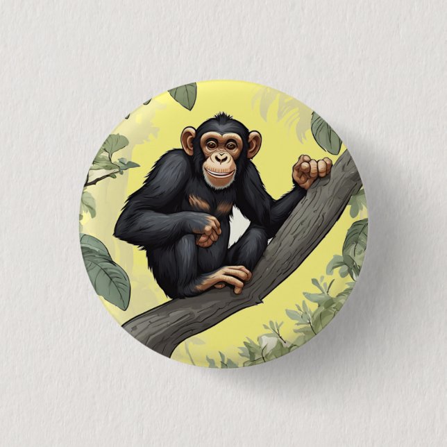 Cute chimpanzee on the branch greets 3 cm round badge (Front)