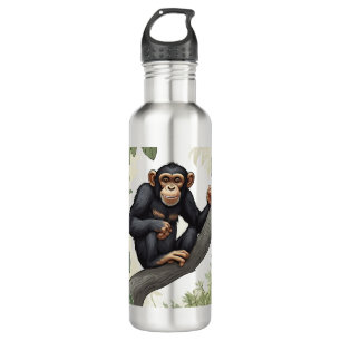 Cute chimpanzee on the branch greets 710 ml water bottle