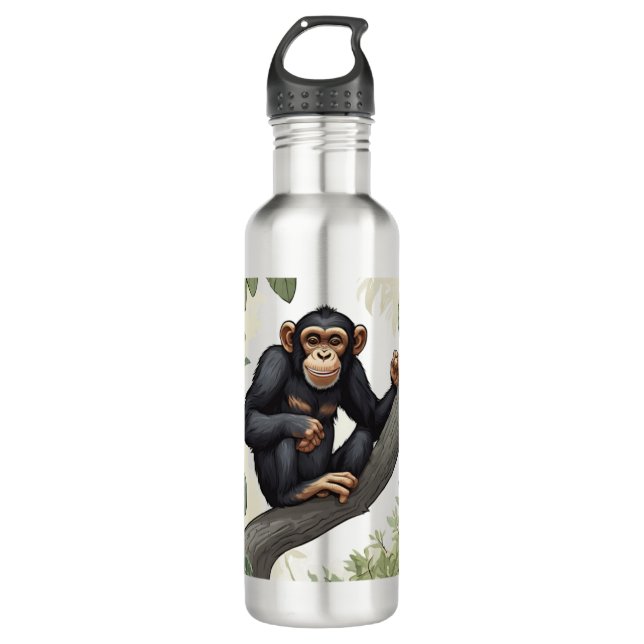 Cute chimpanzee on the branch greets 710 ml water bottle (Front)