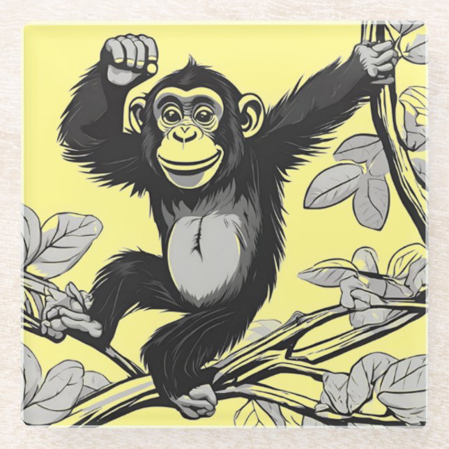 Cute chimpanzee on the branch greets glass coaster (Front)