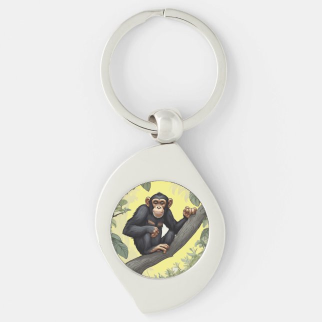 Cute chimpanzee on the branch greets key ring (Front)