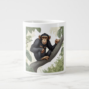 Cute chimpanzee on the branch greets large coffee mug