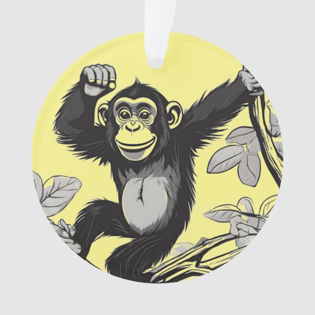 Cute chimpanzee on the branch greets ornament (Front)