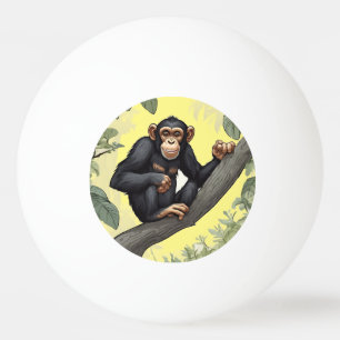 Cute chimpanzee on the branch greets ping pong ball
