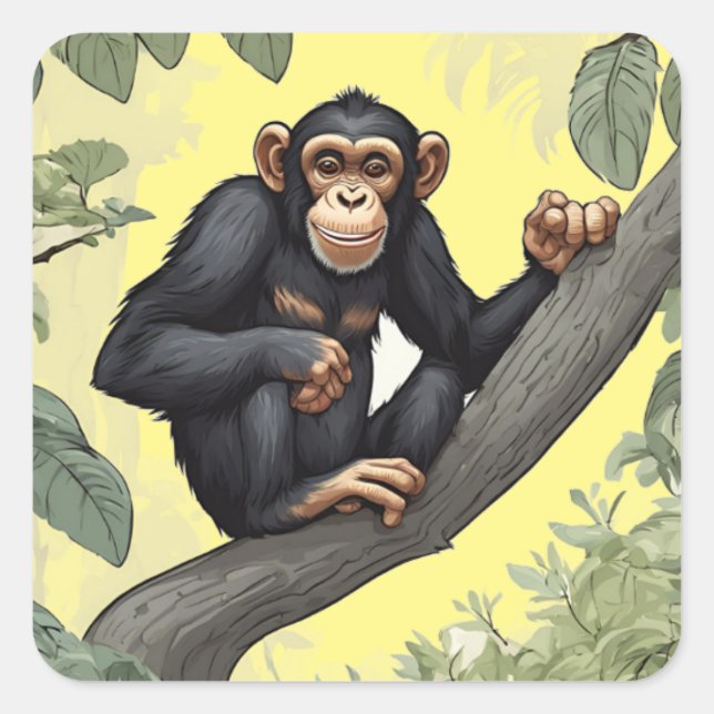Cute chimpanzee on the branch greets square sticker (Front)