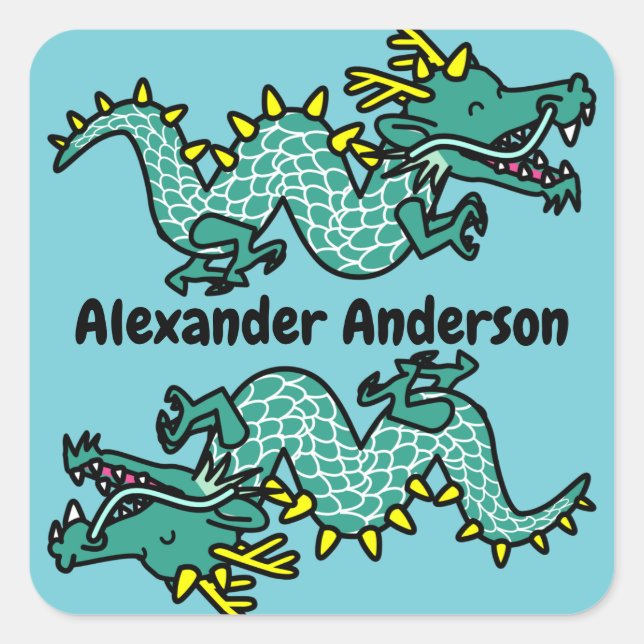 Cute Chinese Dragons Personalise Square Sticker (Front)