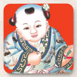 Cute Chinese Laughing Good Luck Buddha on red Coaster