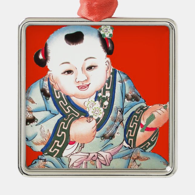 Cute Chinese Laughing Good Luck Buddha on red Metal Tree Decoration (Front)