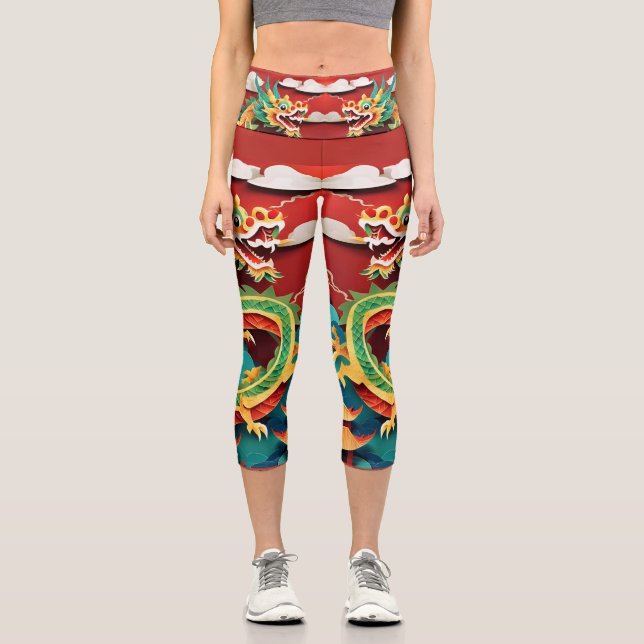Cute Chinese New Year Dragon Origami HWCL Capri Leggings (Front)