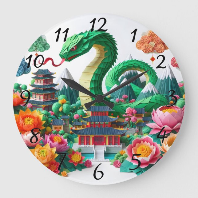 Cute Chinese New Year Snake Origami WC6 Large Clock (Front)