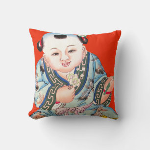 Cute Chinese red laughing Buddha Asian art Cushion