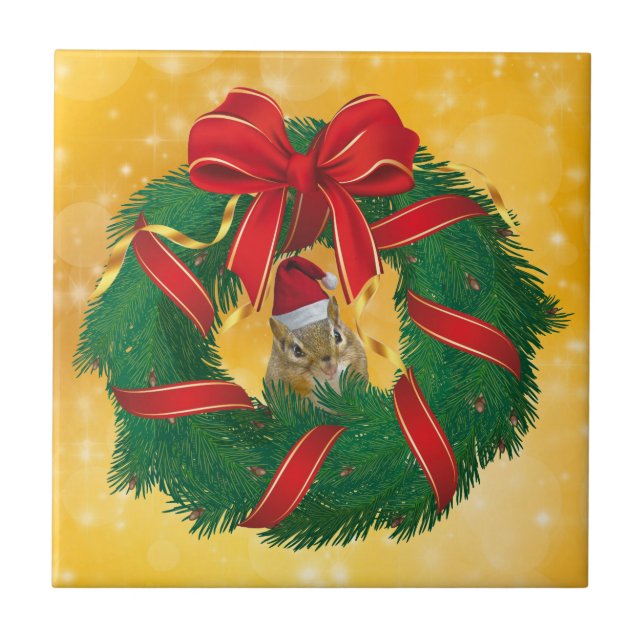 Cute Chipmunk Christmas Wreath Ceramic Tile (Front)