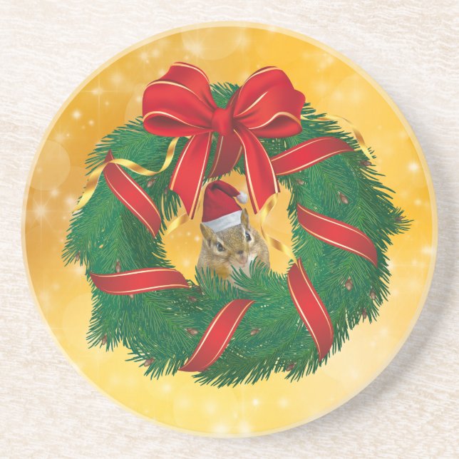 Cute Chipmunk Christmas Wreath Coaster (Front)