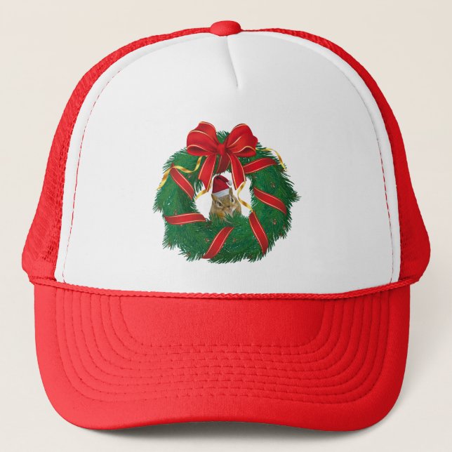 Cute Chipmunk Christmas Wreath Trucker Hat (Front)