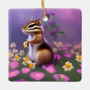 Cute Chipmunk in Flowers Ceramic Ornament