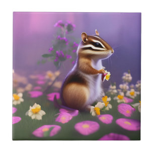 Cute Chipmunk in Flowers Ceramic Tile