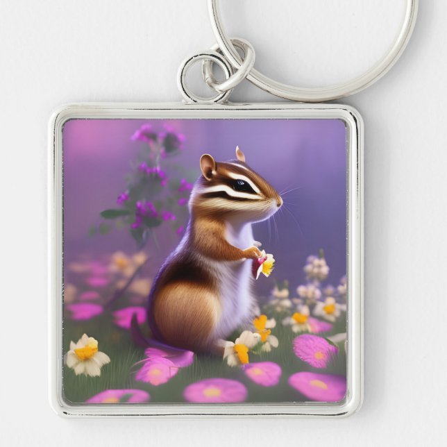 Cute Chipmunk in Flowers  Key Ring (Front)