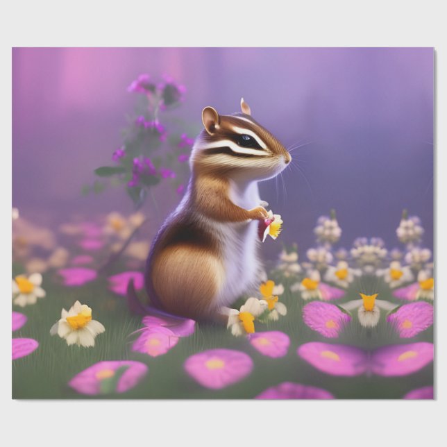 Cute Chipmunk in Flowers  Wrapping Paper (Flat)