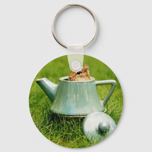 Cute Chipmunk in Teapot Key Ring (Front)