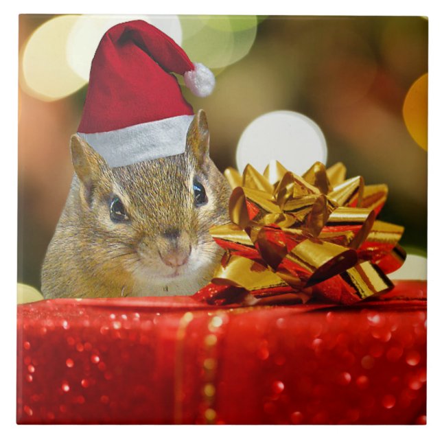 Cute Chipmunk Merry Christmas Ceramic Tile (Front)