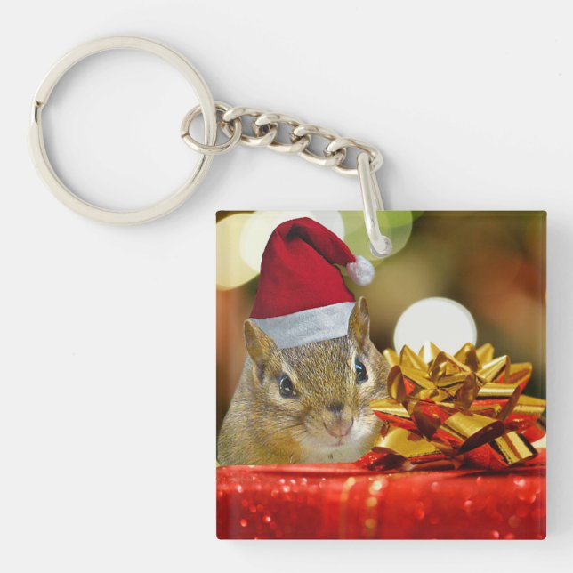 Cute Chipmunk Merry Christmas Key Ring (Front)