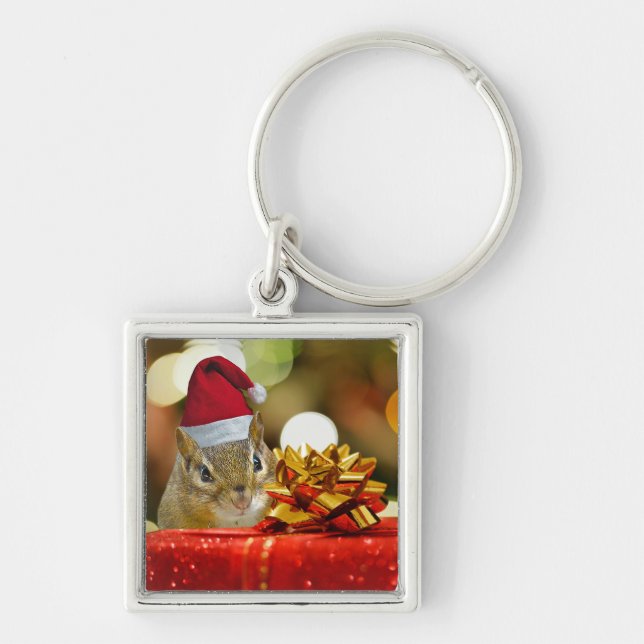 Cute Chipmunk Merry Christmas Key Ring (Front)