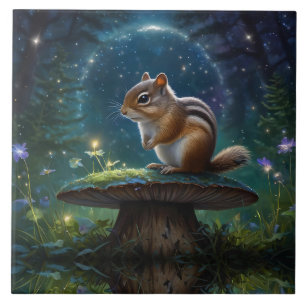 Cute Chipmunk on Mushroom in Moonlight Ceramic Tile