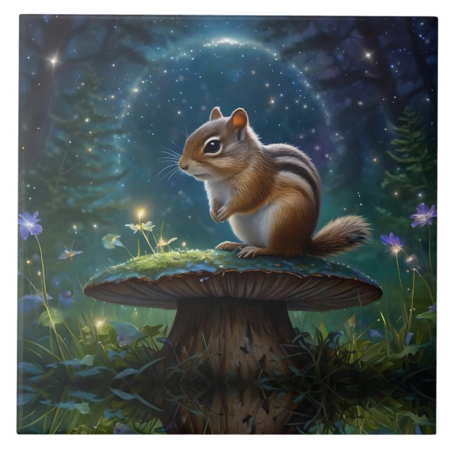 Cute Chipmunk on Mushroom in Moonlight Ceramic Tile (Front)