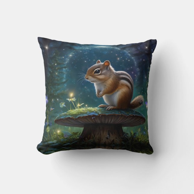 Cute Chipmunk on Mushroom in Moonlight Cushion (Front)