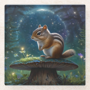 Cute Chipmunk on Mushroom in Moonlight Glass Coaster