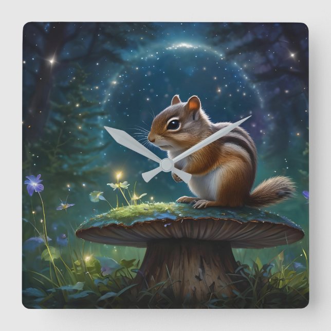 Cute Chipmunk on Mushroom in Moonlight Square Wall Clock (Front)
