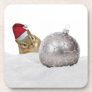 Cute Chipmunk Silver and Snow Christmas Holiday Coaster