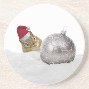 Cute Chipmunk Silver and Snow Christmas Holiday Coaster