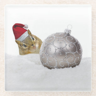 Cute Chipmunk Silver and Snow Christmas Holiday Glass Coaster