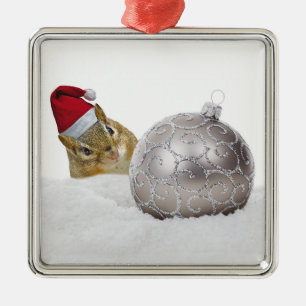 Cute Chipmunk Silver and Snow Christmas Holiday Metal Tree Decoration