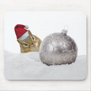 Cute Chipmunk Silver and Snow Christmas Holiday Mouse Pad