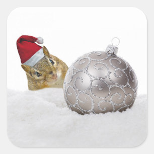 Cute Chipmunk Silver and Snow Christmas Holiday Square Sticker