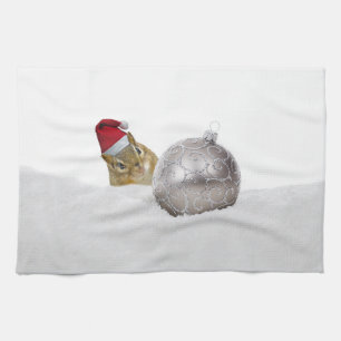 Cute Chipmunk Silver and Snow Christmas Holiday Tea Towel