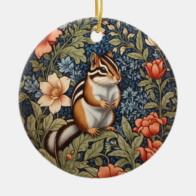 Cute Chipmunk William Morris Inspired Floral Ceramic Ornament (Front)