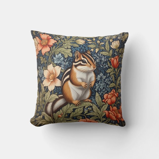 Cute Chipmunk William Morris Inspired Floral Cushion (Front)
