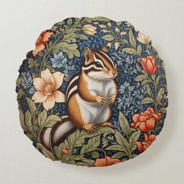 Cute Chipmunk William Morris Inspired Floral Round Cushion (Front)