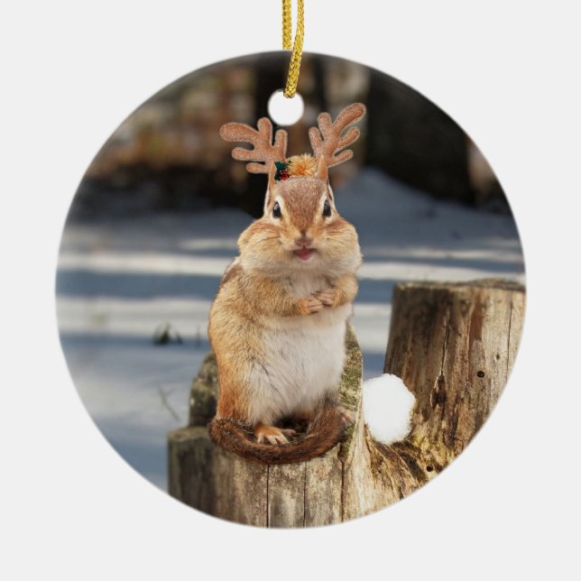 Cute Chipmunk with Antlers Ceramic Tree Decoration (Front)