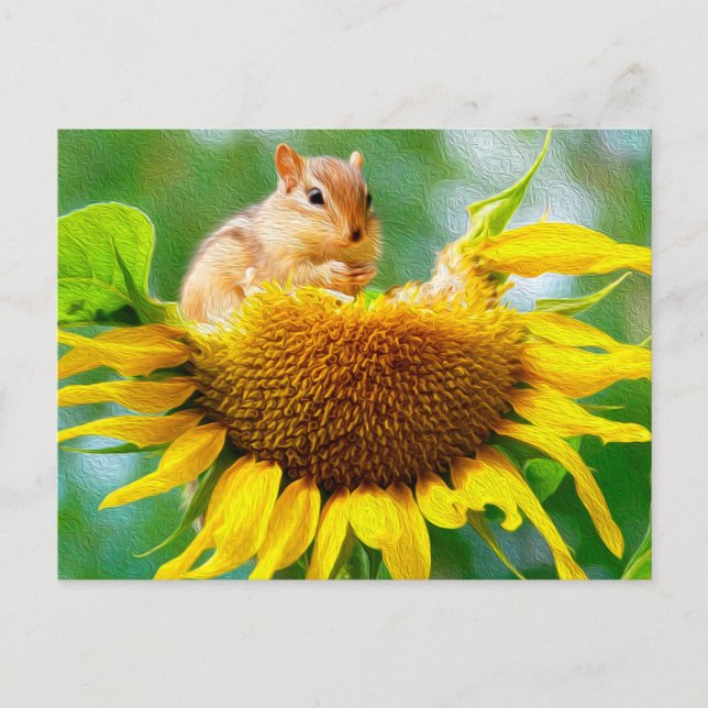 Cute Chipmunk Yellow Sunflower Photo Painting Postcard (Front)