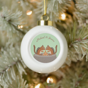 Cute Chipmunks Fall Wedding Custom Ceramic Ball Christmas Ornament